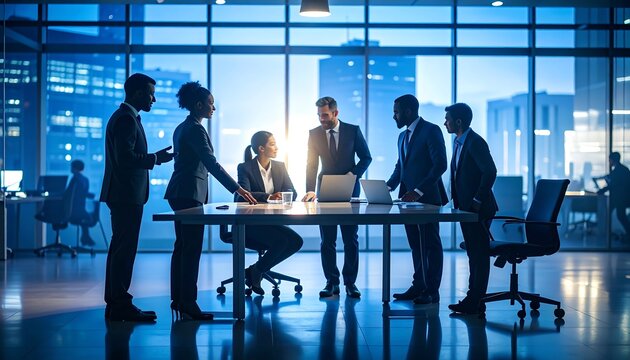 Silhouetted business team in meeting at night