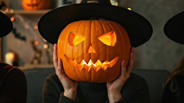 People wearing witch hats holding carved pumpkins creating Halloween celebration atmosphere. Group displaying jack-o'-lanterns with spooky faces during festive October holiday