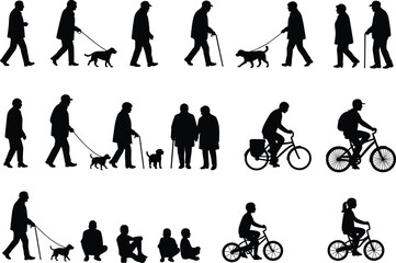 People silhouette walking riding bicycle sitting with dog man woman child elderly person outline black vector human activity lifestyle outdoor figure collection