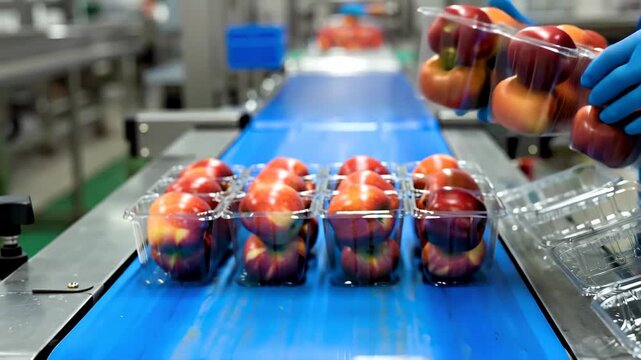 Food processing worker in protective gear sorting red tomatoes on conveyor belt. Employee quality checking fresh produce during commercial packaging operation for distribution