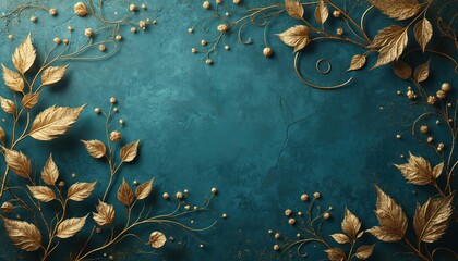 Seamless luxury wallpaper features gold line art leaves on textured teal background. Intricate floral vine pattern with golden details on aged paper texture. Elegant botanical design for interior