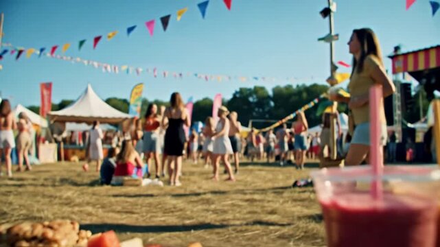 Hand reaching for colorful fruit skewers on wooden table, surrounded by refreshing smoothies in clear cups, with granola bars and a vibrant outdoor festival atmosphere in the background, showcasing su