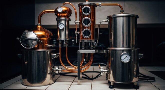Copper and stainless steel still for distilling - Powered by Adobe