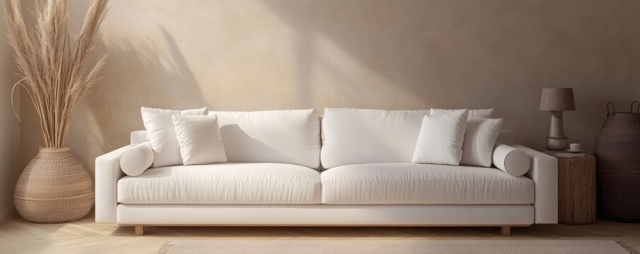 White couch in a light-filled beige living room.