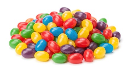 Colorful jelly beans piled high on white background