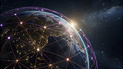A glowing earth with a network overlay in space showing global interconnectedness and communication