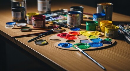 Colorful paint supplies on a wooden table. Various jars of vibrant paints, paintbrushes, and a palette with a mix of hues are scattered on a light-toned wooden surface. A close-up view