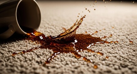 Coffee spill on beige carpet.  Splashing liquid