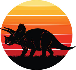 Silhouette of triceratops dinosaur with sunset background, prehistoric animal vector illustration, Jurassic period wildlife art, nature and ancient creature design © Biplob Creatives