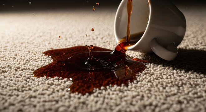 Coffee spill on beige carpet.  A white cup, tipped over, spills dark coffee onto a beige carpet.  Splashes and drips are visible.  Dark shadows accentuate the spill