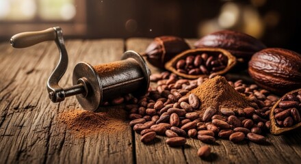 Cocoa beans, powder, and antique grinder on rustic wood