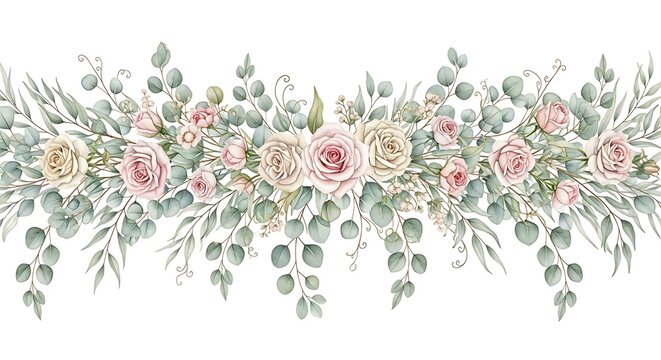 Elegant Floral Arrangement with Roses and Eucalyptus for Wedding Invitations and Delicate Festive Decorations, Perfect for Creating a Romantic Ambiance