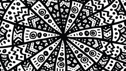 Monochrome radial pattern featuring a central black circle surrounded by tribal inspired shapes and designs