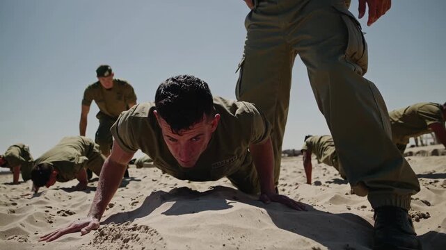 Soldiers performing push-ups during intense military training, supervised by two higher-ranking officers. Ideal for defense, fitness, discipline, teamwork, and military exercise content.