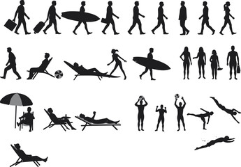 Beach vacation silhouettes – people walking, surfing, relaxing, swimming, sunbathing, playing ball, travel icons, summer holiday vector illustration, men and women on vacation