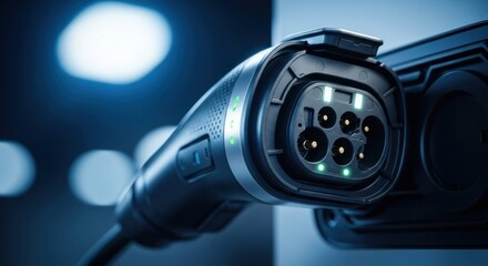 Close-up of EV charging connector.  Charging station plug, detailed view of electric vehicle charging port.  LED lights illuminate connection points.  Dark background with soft blue highlights