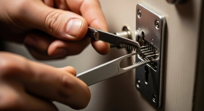 Close-up of hands manipulating lock pick tools in a lock mechanism