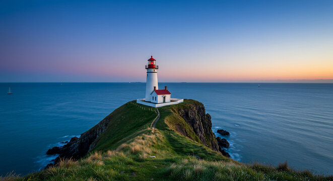 A lighthouse on a grassy cliff overlooking the ocean at dusk with a colorful sky above the horizon - Powered by Adobe