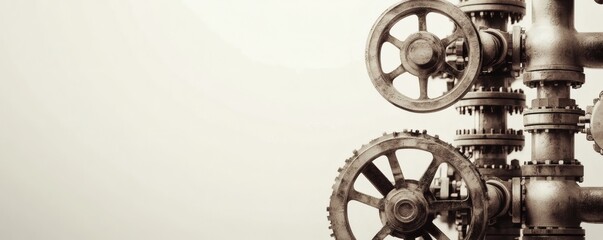 Obraz premium Industrial machinery gears and pipes in sepia tone.