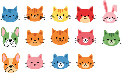Cute cartoon cat and dog faces, colorful kitten heads, bunny illustration, pet animal icons, playful pet faces, adorable domestic pets, isolated vector. © Creative Mind