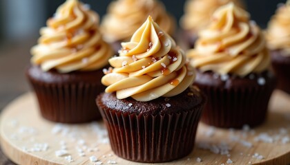 Rich chocolate espresso cupcakes topped with smooth salted caramel buttercream, drizzled with caramel sauce. Garnished with sea salt flakes, desserts offer sweet, salty flavor profile. Perfect for