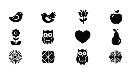 Cute Nature Icon Set &ndash; Birds, Flowers, Owls, Fruits, and Geometric Shapes Vector Collection
