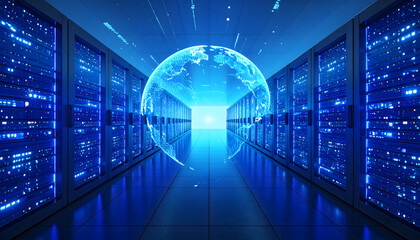 A glowing blue hologram of Earth floats in a futuristic data center corridor with server racks.
