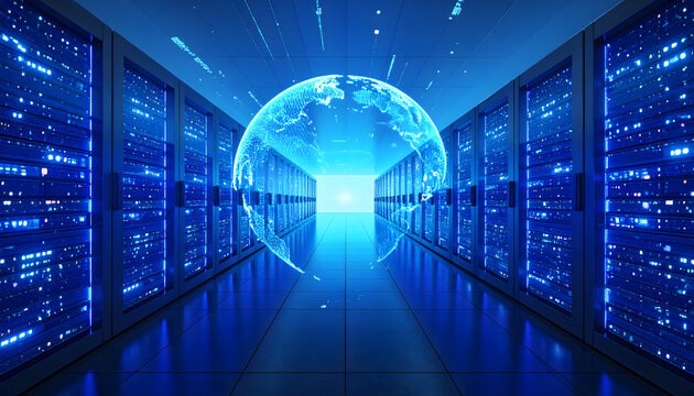A glowing blue hologram of Earth floats in a futuristic data center corridor with server racks.