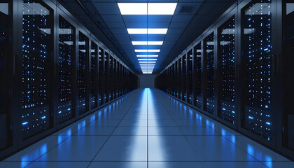 A long, futuristic data center hallway with rows of server racks illuminated by cool blue lights.