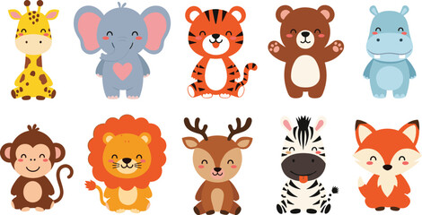 Cute cartoon jungle and forest animals, baby lion, elephant, zebra, giraffe, bear, tiger, monkey, fox, vector illustration