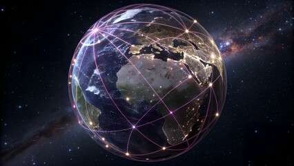Globe with glowing network lines and city lights against a starry space background view from space