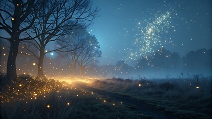 A nighttime field displays radiant lights under starry skies near barren trees in the fog