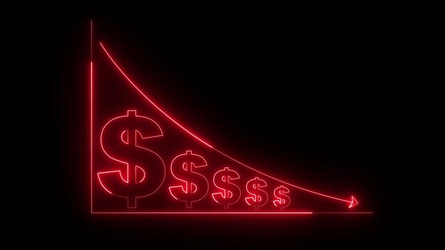glowing neon Quality control and company cost reduction. Cost reduction icon animation. Cost decrease money down arrow. corporate business efficiently save cost and company resources by reduction.