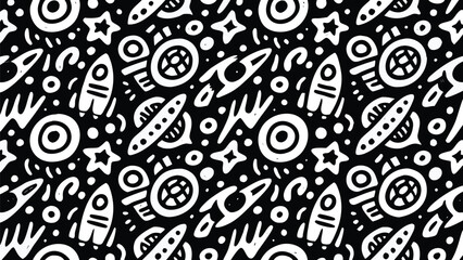 A seamless pattern featuring hand drawn style planets rockets and stars against a black colored background design