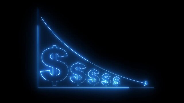 glowing neon Quality control and company cost reduction. Cost reduction icon animation. Cost decrease money down arrow. corporate business efficiently save cost and company resources by reduction.