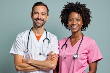 Empowered Doctor and Nurse in Hospital Uniforms Unite for Breast Cancer Awareness Campaign