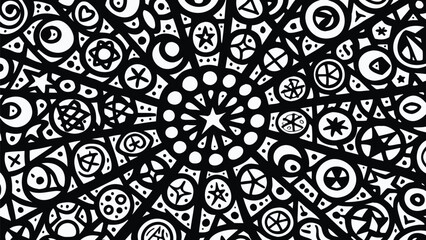 Abstract black and white pattern featuring stars moons and circles in a radial symmetrical design style
