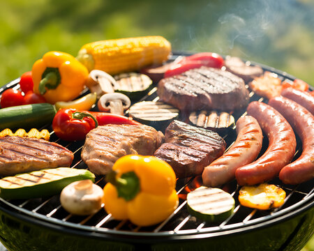Delicious barbecue feast with grilled meats vegetables and corn on the cob