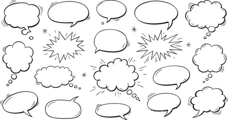 Collection of hand drawn speech bubbles and comic book explosion elements