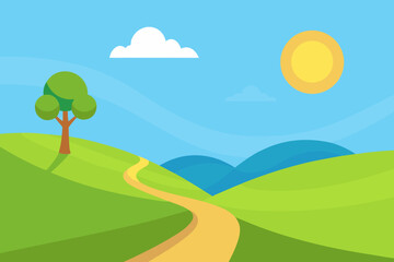 Obraz premium Vector landscape of a green summer meadow with hills and trees under a clear sky with a vibrant rainbow