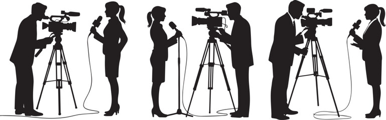 News crew silhouette vector illustration of reporters and cameramen filming news