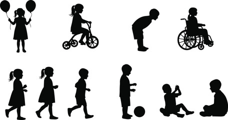 Silhouettes of children playing, walking, riding tricycle, holding balloons, sitting, kids with ball, toddler running, children active outdoors, childhood fun, vector illustration