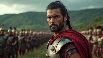 Roman legionary warrior stands in formation with army soldiers. Man wears ancient armor, red cape. Military concept focus on courage, discipline, historical battle reenactment. Epic Roman empire