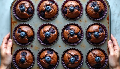 Fototapeta premium Freshly baked blueberry muffins presented in rustic muffin tin. Delightful treats feature lightly browned tops, purple parchment paper wrappers, whole blueberries on top. Flat lay composition