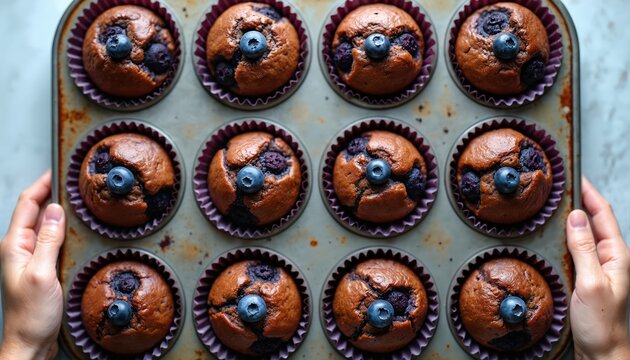 Freshly baked blueberry muffins presented in rustic muffin tin. Delightful treats feature lightly browned tops, purple parchment paper wrappers, whole blueberries on top. Flat lay composition - Powered by Adobe
