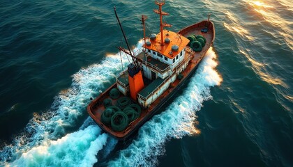 Obraz premium Aerial view of commercial fishing vessel actively engaged in sea. Nets deploy into deep blue ocean water, churning white wake trails vessel. Industry standards visible on clean, organized deck, ship