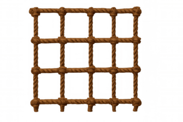 Nautical rope grid creating geometric pattern, interlacing strands forming square mesh against translucent background