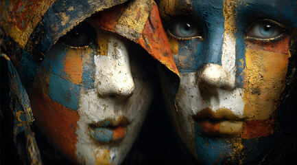 People conceal true emotions with happy masks in artwork about impostor syndrome. Concept Impostor Syndrome, Concealed Emotions, Artwork, Masks in Art, Emotional Deception