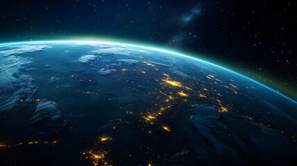 Obraz premium Earth at night, city lights gleaming against the dark expanse of space.