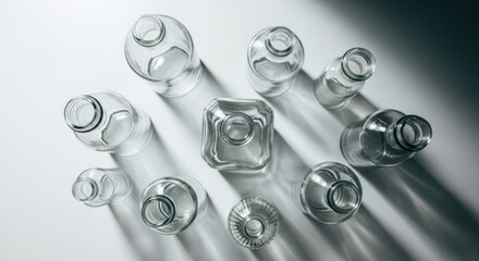Clear glass bottles arranged on a white surface, casting shadows
